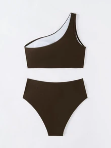 SHEIN Swim 2pcs/Set Atasan dan Bawahan Bikini Sederhana Tanpa Lengan Bahu Miring Warna Polos untuk Wanita Musim Panas - Coffee Brown - View 2