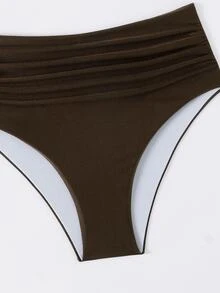 SHEIN Swim 2pcs/Set Atasan dan Bawahan Bikini Sederhana Tanpa Lengan Bahu Miring Warna Polos untuk Wanita Musim Panas - Coffee Brown - View 6