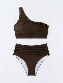 SHEIN Swim 2pcs/Set Atasan dan Bawahan Bikini Sederhana Tanpa Lengan Bahu Miring Warna Polos untuk Wanita Musim Panas - Coffee Brown - View 3