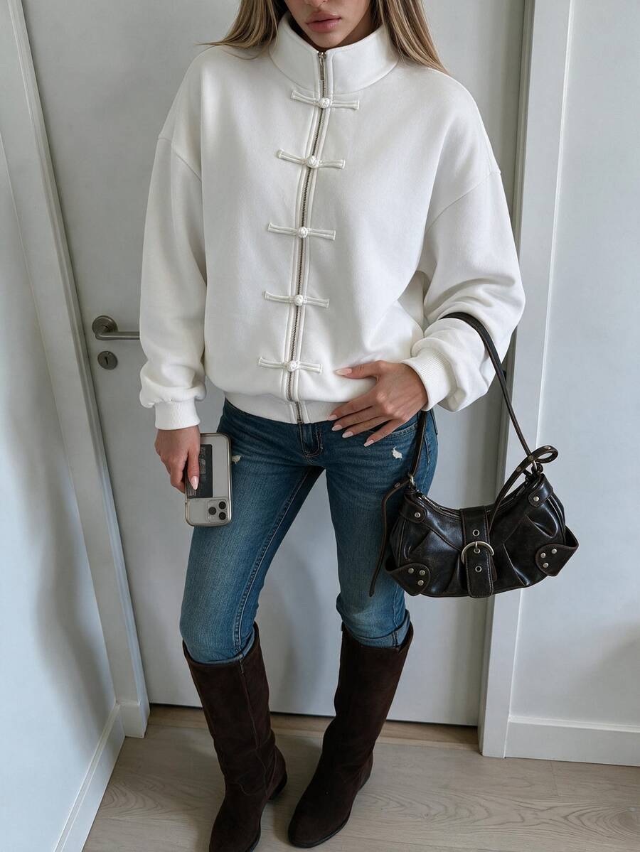 SHEIN ICON Women's Solid Color Dropped Shoulder Long Sleeve Frog Button Zipper Placket Casual Sweatshirt - White - View 1