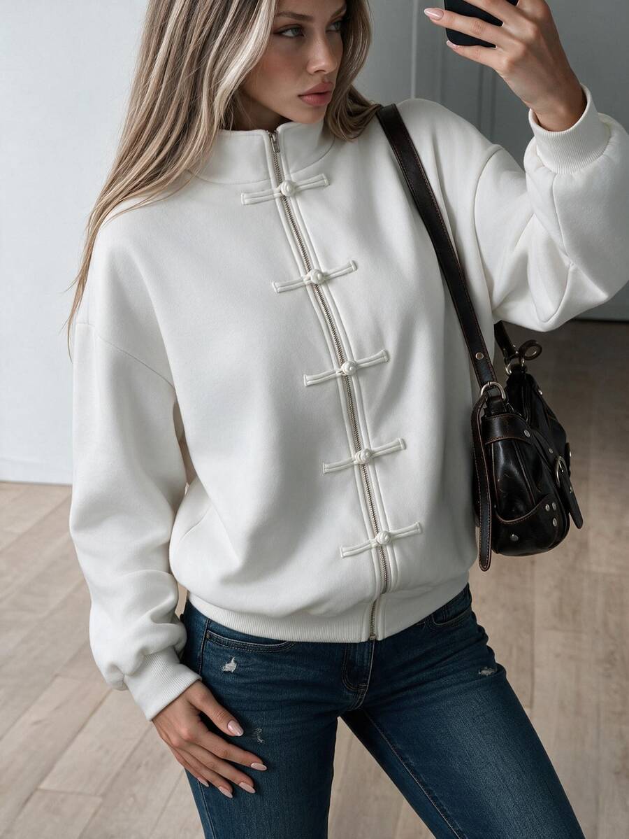 SHEIN ICON Women's Solid Color Dropped Shoulder Long Sleeve Frog Button Zipper Placket Casual Sweatshirt - White - View 1