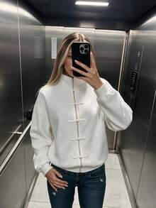 SHEIN ICON Women's Solid Color Dropped Shoulder Long Sleeve Frog Button Zipper Placket Casual Sweatshirt - White - View 4