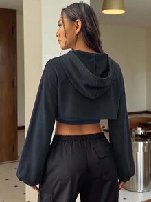SHEIN EZwear Drop Shoulder Super Crop Drawstring Hoodie & Cami Top In Fall/Winter - Navy Blue - View 2