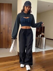 SHEIN EZwear Drop Shoulder Super Crop Drawstring Hoodie & Cami Top In Fall/Winter - Navy Blue - View 3