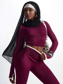 Innovista Innovista Women's Long Sleeve Seamless Sports 2 Piece Set, Fall, Winter, Autumn, Gym, Workout, Running, Yoga, Fitness, Athletic, Training, Activewear Sportswear - Burgundy - View 2