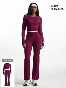Innovista Innovista Women's Long Sleeve Seamless Sports 2 Piece Set, Fall, Winter, Autumn, Gym, Workout, Running, Yoga, Fitness, Athletic, Training, Activewear Sportswear - Burgundy - View 8