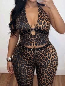 Slaydiva Bộ 2 món áo tank top cổ yếm khoét sâu chữ V họa tiết da báo và quần ống loe cho nữ size lớn - Nhiều màu - Xem 9