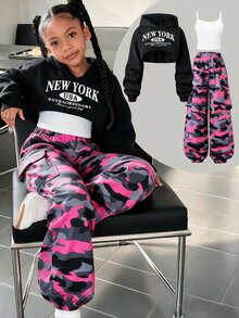 SHEIN 青少年女孩字母短版連帽背心上衣與迷彩工裝褲三件套街頭風運動套裝，校園風，白色、黑白，秋季運動款 - 彩色 - 查看 5