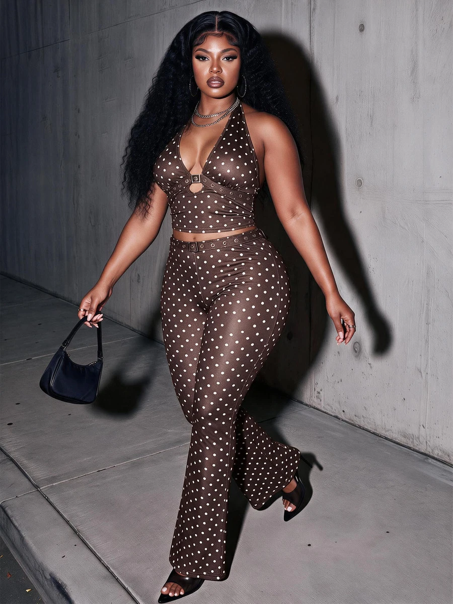 Slaydiva Plus Size Polka Dot Print Backless Halter Top & Long Pants 2 Pieces Set - Brown - View 1