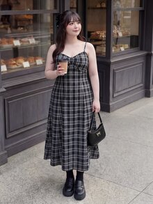 Bijouette 大尺碼格紋蝴蝶結前襟心形領細肩帶洋裝與羅紋針織短外套套裝，日常通勤、下午茶、秋季穿搭、甜美風格、冬季衣著 - 彩色 - 查看 2