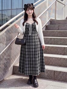 Bijouette 大尺碼格紋蝴蝶結前襟心形領細肩帶洋裝與羅紋針織短外套套裝，日常通勤、下午茶、秋季穿搭、甜美風格、冬季衣著 - 彩色 - 查看 9