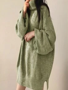 SHEIN 休閒寬鬆百搭長袖高領女款針織毛衣洋裝，大學生秋冬女裝 - 綠色 - 查看 7