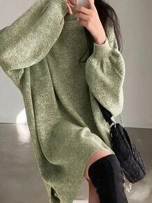 SHEIN 休閒寬鬆百搭長袖高領女款針織毛衣洋裝，大學生秋冬女裝 - 綠色 - 查看 8