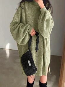 SHEIN 休閒寬鬆百搭長袖高領女款針織毛衣洋裝，大學生秋冬女裝 - 綠色 - 查看 9