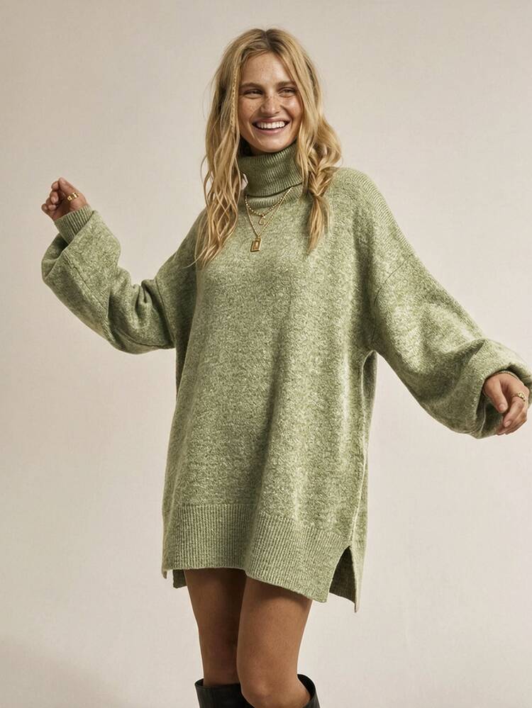 SHEIN Casual Loose Versatile Long Sleeve High Neck Women Sweater Dress Knitted Sweater Clothes For University Fall Winter Cloth For Women - Green - View 3