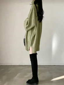 SHEIN 休閒寬鬆百搭長袖高領女款針織毛衣洋裝，大學生秋冬女裝 - 綠色 - 查看 4