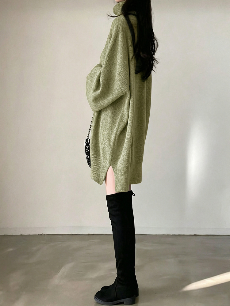 SHEIN Casual Loose Versatile Long Sleeve High Neck Women Sweater Dress Knitted Sweater Clothes For University Fall Winter Cloth For Women - Green - View 4
