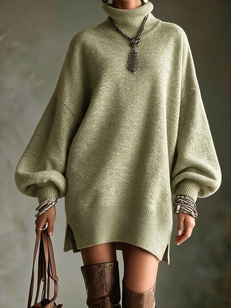 SHEIN Casual Loose Versatile Long Sleeve High Neck Women Sweater Dress Knitted Sweater Clothes For University Fall Winter Cloth For Women - Green - View 2