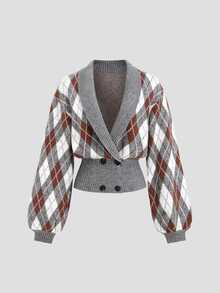 Sweetra Women's Gray-Tone Diamond Retro Colorblock Cinched Waist Short Cardigan With Collar, Fashionable Urban Casual Knit - Multicolor - View 1