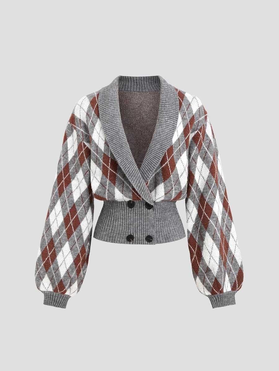 Sweetra Women's Gray-Tone Diamond Retro Colorblock Cinched Waist Short Cardigan With Collar, Fashionable Urban Casual Knit - Multicolor - View 1
