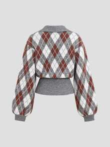 Sweetra Women's Gray-Tone Diamond Retro Colorblock Cinched Waist Short Cardigan With Collar, Fashionable Urban Casual Knit - Multicolor - View 2