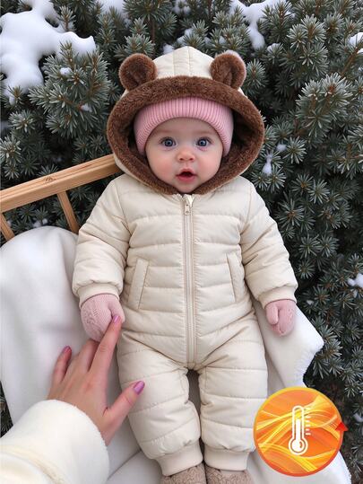 SHEIN Baby Girls Toddler Girl Padded Hooded Snowsuit Cute Cream Quilted 3D Bear Ears Brown Fuzzy Long Sleeve Thick Winter Holiday Winter Christmas Manteau