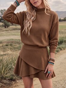 Wildy BOHO Casual Western Country Nomad Women 2 Pieces Set Solid Color Autumn/Winter Daily Basic Outfit For Going Out - Coffee Brown - View 6