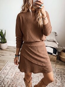 Wildy BOHO Casual Western Country Nomad Women 2 Pieces Set Solid Color Autumn/Winter Daily Basic Outfit For Going Out - Coffee Brown - View 7
