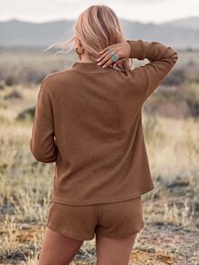 Wildy BOHO Casual Western Country Nomad Women 2 Pieces Set Solid Color Autumn/Winter Daily Basic Outfit For Going Out - Coffee Brown - View 2