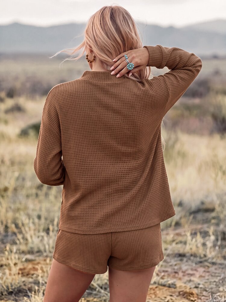 Wildy BOHO Casual Western Country Nomad Women 2 Pieces Set Solid Color Autumn/Winter Daily Basic Outfit For Going Out - Coffee Brown - View 2