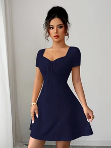 Elenzga New Summer Buttercream Knitted Jacquard Sexy Slim Fit Tie-Front Mini Dress For Women - Navy Blue - View 3
