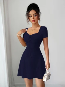 Elenzga New Summer Buttercream Knitted Jacquard Sexy Slim Fit Tie-Front Mini Dress For Women - Navy Blue - View 5
