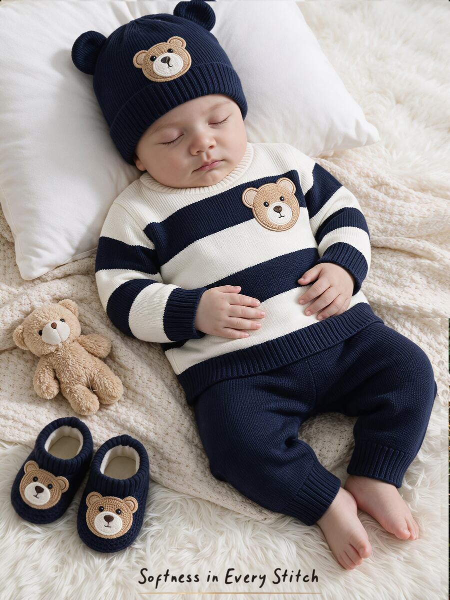 Cozy Pixies Bộ đồ len chui đầu cho trẻ sơ sinh mùa thu/đông, quần len kẻ sọc màu xanh navy, ấm áp và thoải mái - Màu xanh hải quân - Xem 1