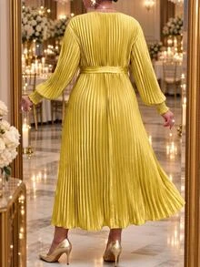 Fleurora Plus Size Women Solid Color Round Neck Lantern Sleeve Pleated Elegant Dress Fall - Ginger - View 2