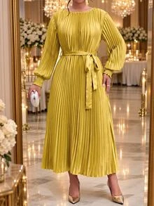 Fleurora Plus Size Women Solid Color Round Neck Lantern Sleeve Pleated Elegant Dress Fall - Ginger - View 4