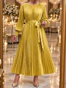 Fleurora Plus Size Women Solid Color Round Neck Lantern Sleeve Pleated Elegant Dress Fall - Ginger - View 1