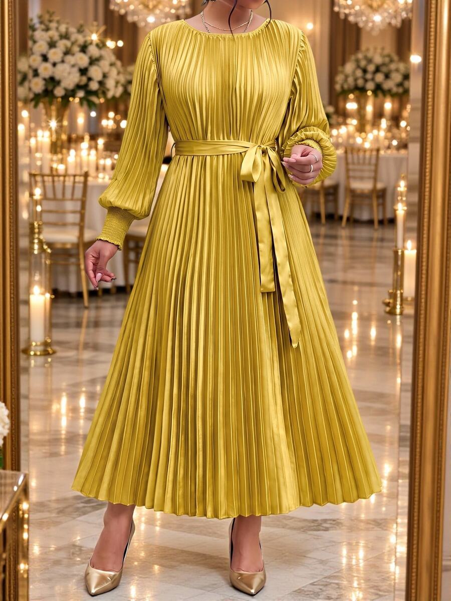 Fleurora Plus Size Women Solid Color Round Neck Lantern Sleeve Pleated Elegant Dress Fall - Ginger - View 1