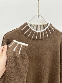 SHEIN 女士宽松落肩长袖圆领休闲毛衣，冬季针织套头衫 - 卡其色 - 查看 6
