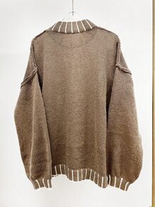 SHEIN 女士宽松落肩长袖圆领休闲毛衣，冬季针织套头衫 - 卡其色 - 查看 2
