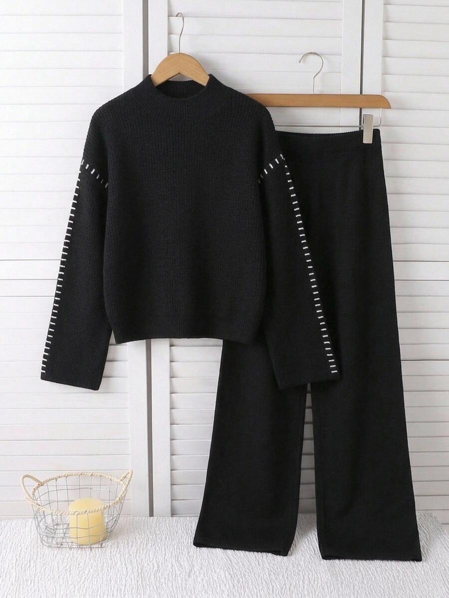 SHEIN Bộ áo dài tay và quần len phối màu cho thiếu nữ mùa đông - màu đen - Xem 1