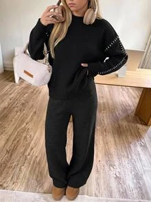 SHEIN Bộ áo dài tay và quần len phối màu cho thiếu nữ mùa đông - màu đen - Xem 8