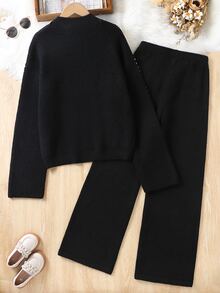 SHEIN Bộ áo dài tay và quần len phối màu cho thiếu nữ mùa đông - màu đen - Xem 2