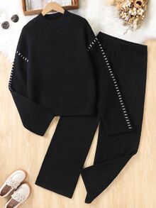 SHEIN Bộ áo dài tay và quần len phối màu cho thiếu nữ mùa đông - màu đen - Xem 9