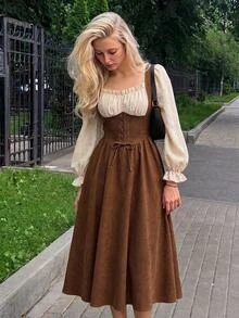 SHEIN MOD 女款 2 合 1 抽褶腰部鏤空繫帶設計復古鄉村風中長洋裝，棕色與米白色，適合秋季慕尼黑啤酒節、萬聖節、早午餐、茶會 - 駝色 - 查看 2
