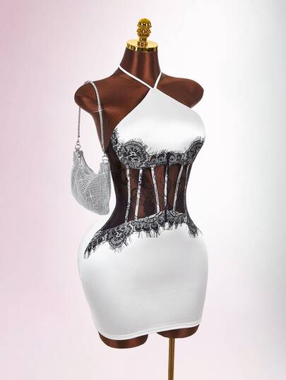 Amplova Women's Halter Neck Hollow Lace Patchwork Dress Sexy Bodycon Skirt Avant-Garde Suitable For Vacation Dating Autumn Winter Outfit