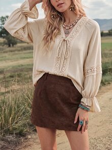 Wildy BOHO Casual Western Style Country Nomad Women 2 Pieces Set Top & Skirt Lace Patchwork Corduroy Autumn/Winter Daily Basic Outfit For Outings And Commuting - Multicolor - View 3