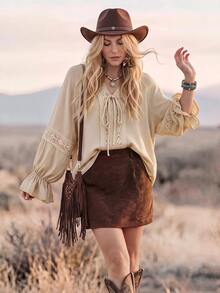 Wildy BOHO Casual Western Style Country Nomad Women 2 Pieces Set Top & Skirt Lace Patchwork Corduroy Autumn/Winter Daily Basic Outfit For Outings And Commuting - Multicolor - View 7