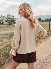 Wildy BOHO Casual Western Style Country Nomad Women 2 Pieces Set Top & Skirt Lace Patchwork Corduroy Autumn/Winter Daily Basic Outfit For Outings And Commuting - Multicolor - View 2