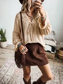 Wildy BOHO Casual Western Style Country Nomad Women 2 Pieces Set Top & Skirt Lace Patchwork Corduroy Autumn/Winter Daily Basic Outfit For Outings And Commuting - Multicolor - View 4