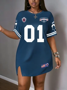 Slaydiva Plus Size Summer Casual Numeric Print Split Hem Dress - Blue - View 4